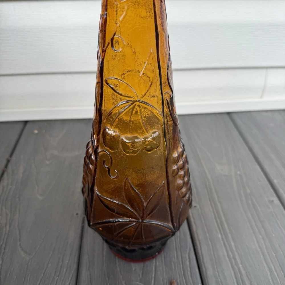 Vintage Empoli Amber Glass Decanter Fruit Grape Embossed Genie Bottle Stopper